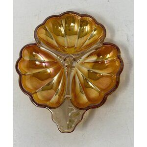 Vintage 7" Marigold Carnival Glass 3 Leaf Clover Iridescent Candy Trinket Dish